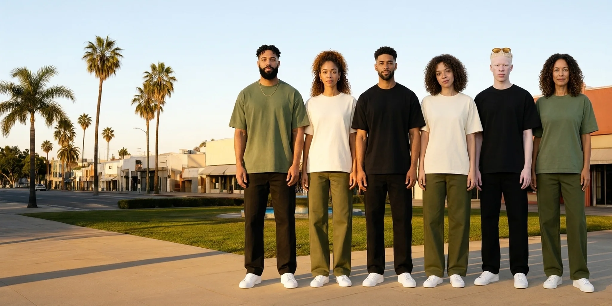 Six light-skinned and mixed Black models in Light Skin Army tees standing shoulder to shoulder at Leimert Park, Los Angeles, at golden hour