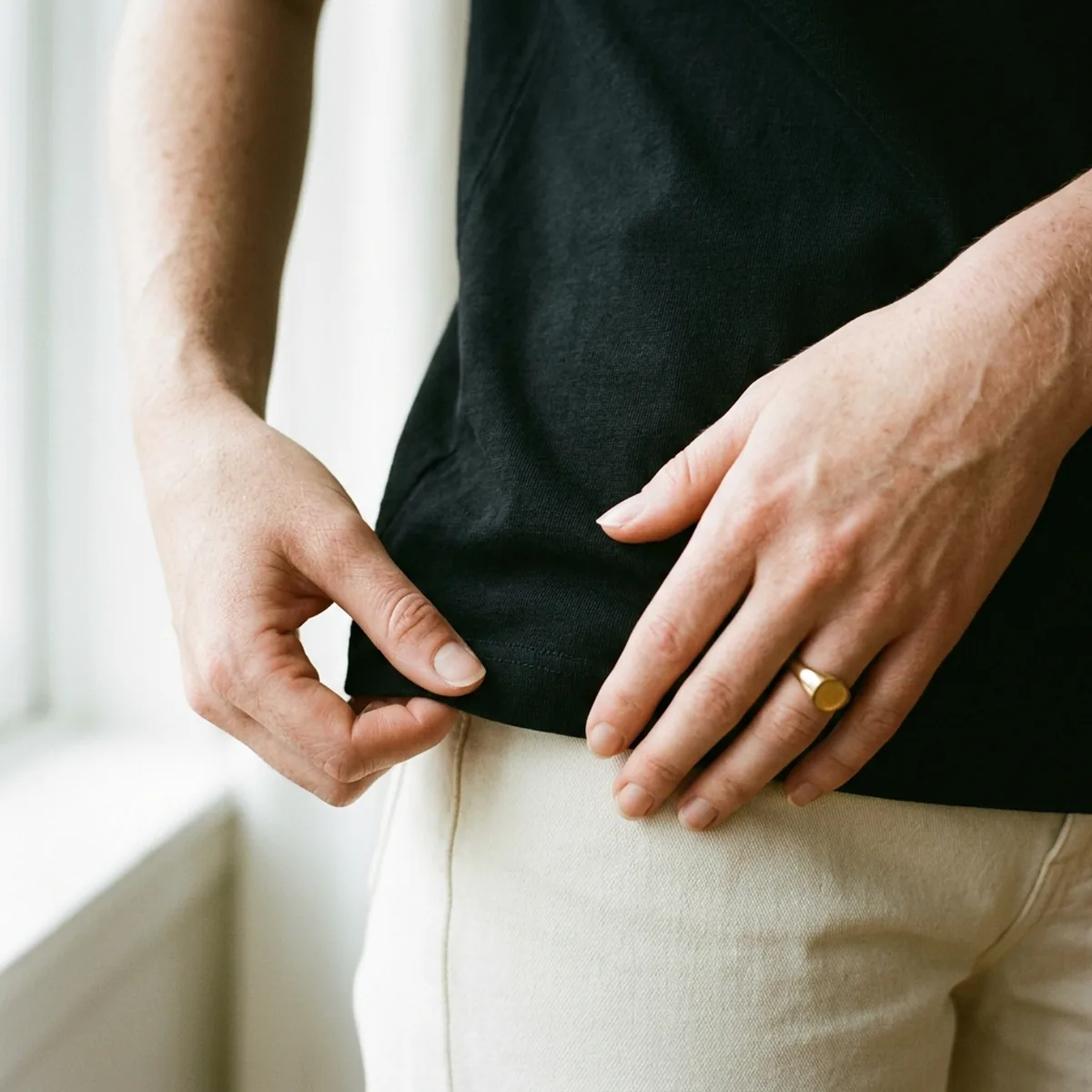 Very fair hands with a gold signet ring adjusting the hem of a black tee in soft window light