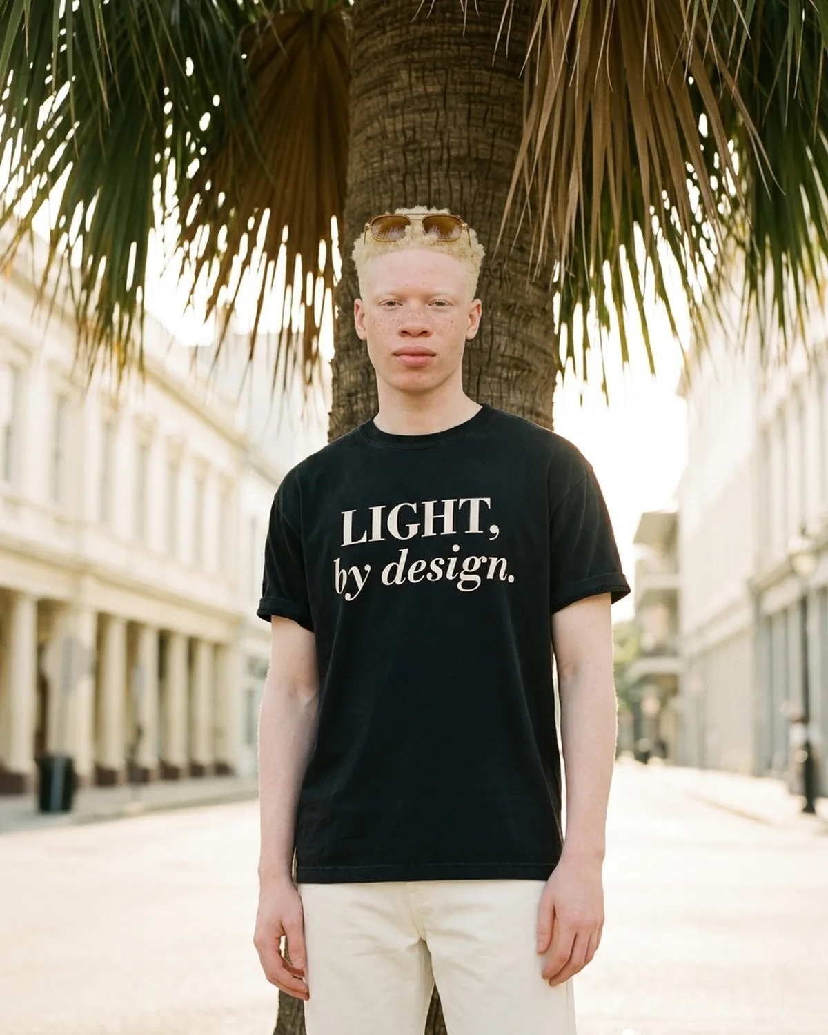 Elijah, a man with albinism, relaxed in open palm shade in the Light By Design tee