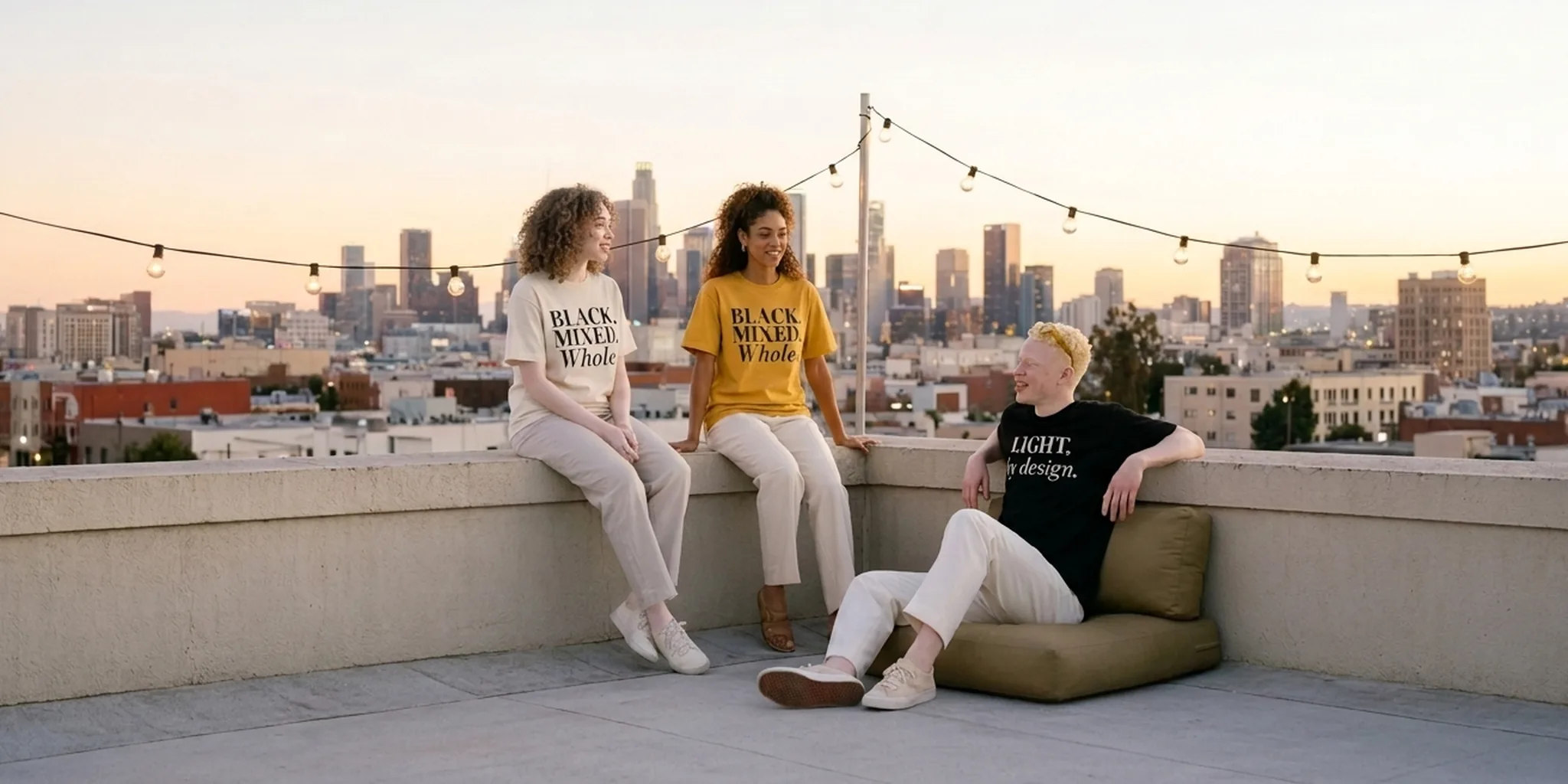Celeste, Nia and Elijah lounging on a downtown Los Angeles rooftop at dusk under string lights