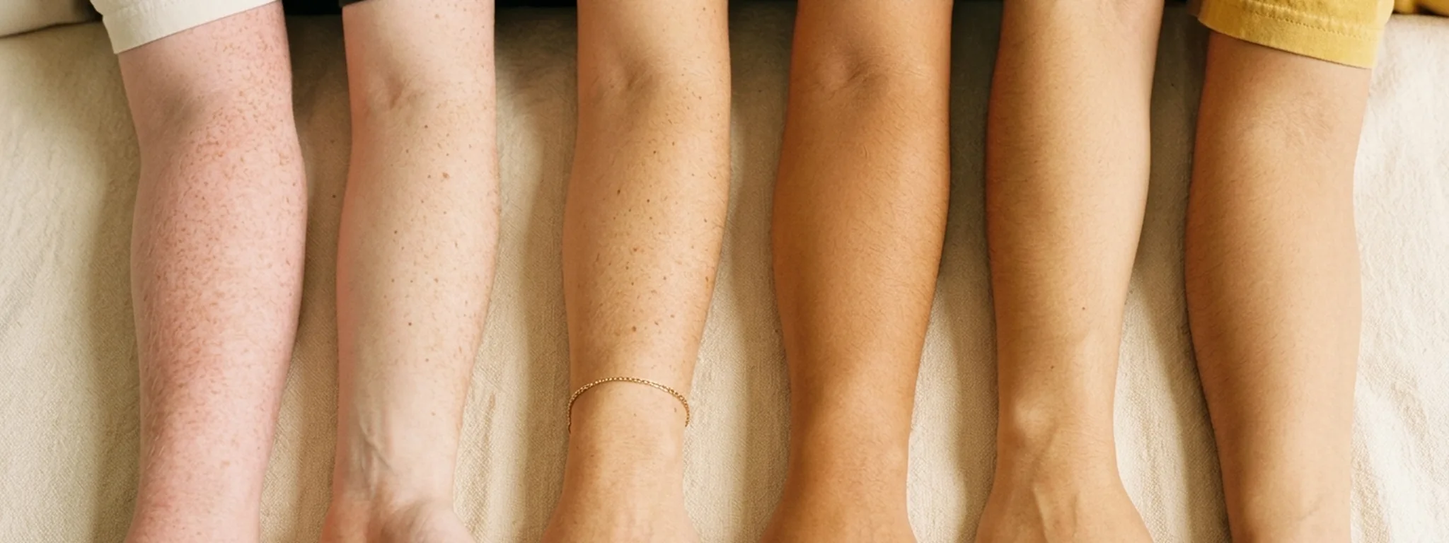 Six light-skinned and mixed Black arms side by side, from very fair to light olive-tan