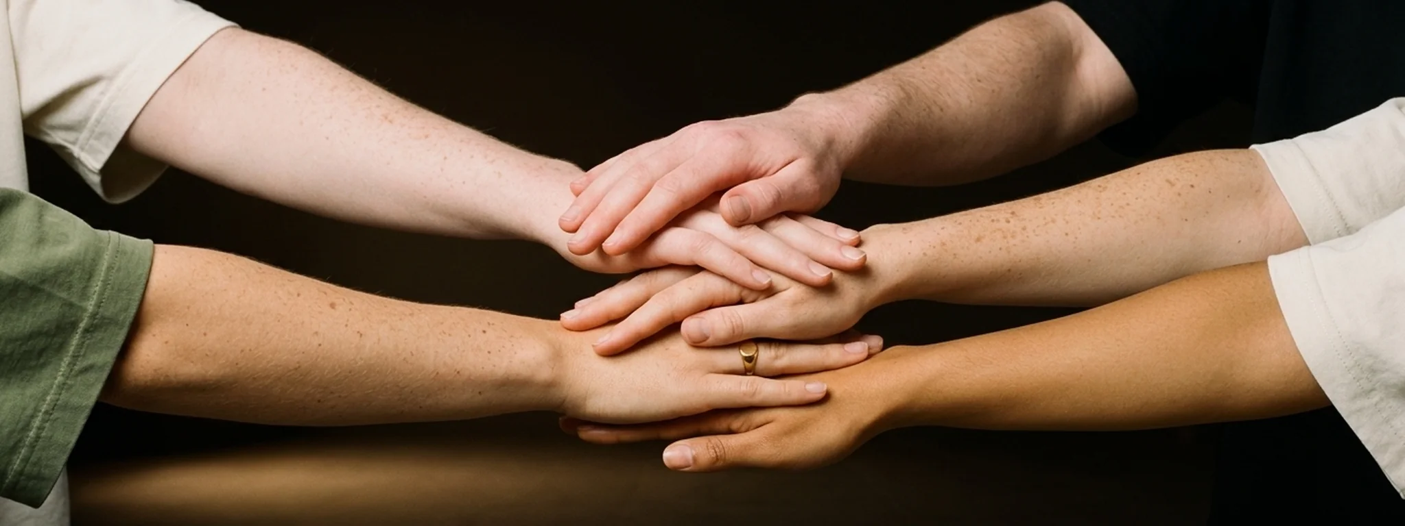 Five hands of different light skin tones stacked together in unity, from very fair to honey, with freckles and a gold signet ring