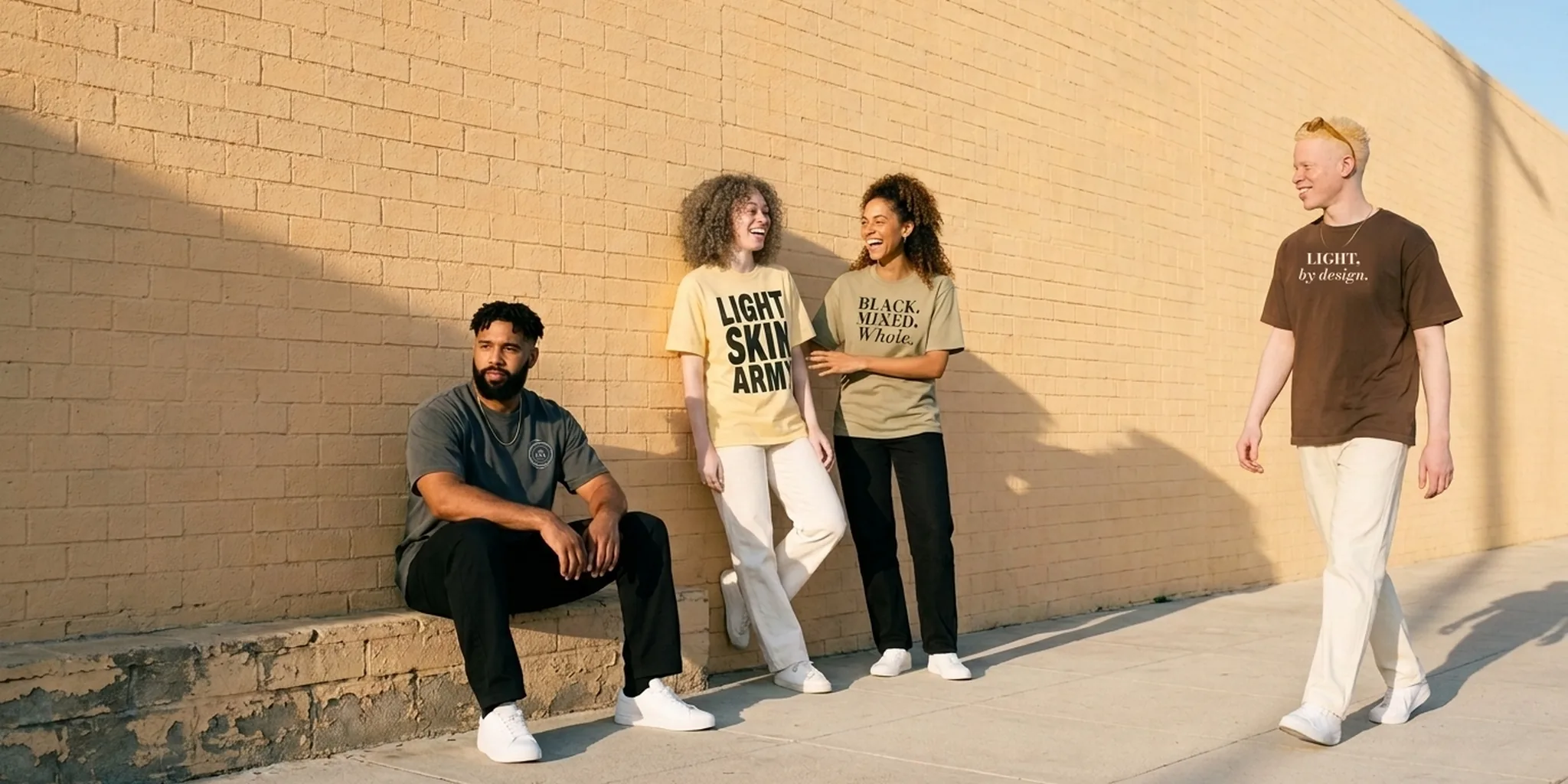 Celeste, Nia, Dre and Elijah laughing against an Arts District wall in the new Butter, Khaki, Pepper and Espresso House tees