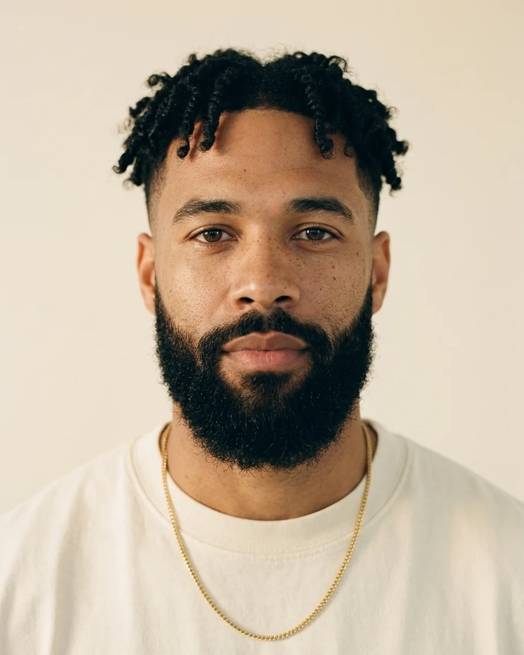 Portrait of Dre, a light-skinned Black man with twists and a full beard, in an Ivory tee