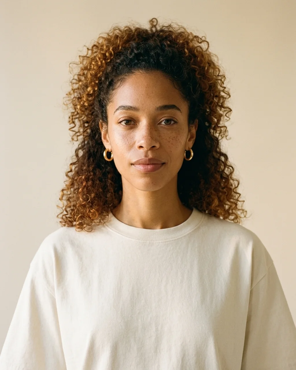 Portrait of Nia, a light-skinned Black woman with voluminous curls, in an Ivory tee
