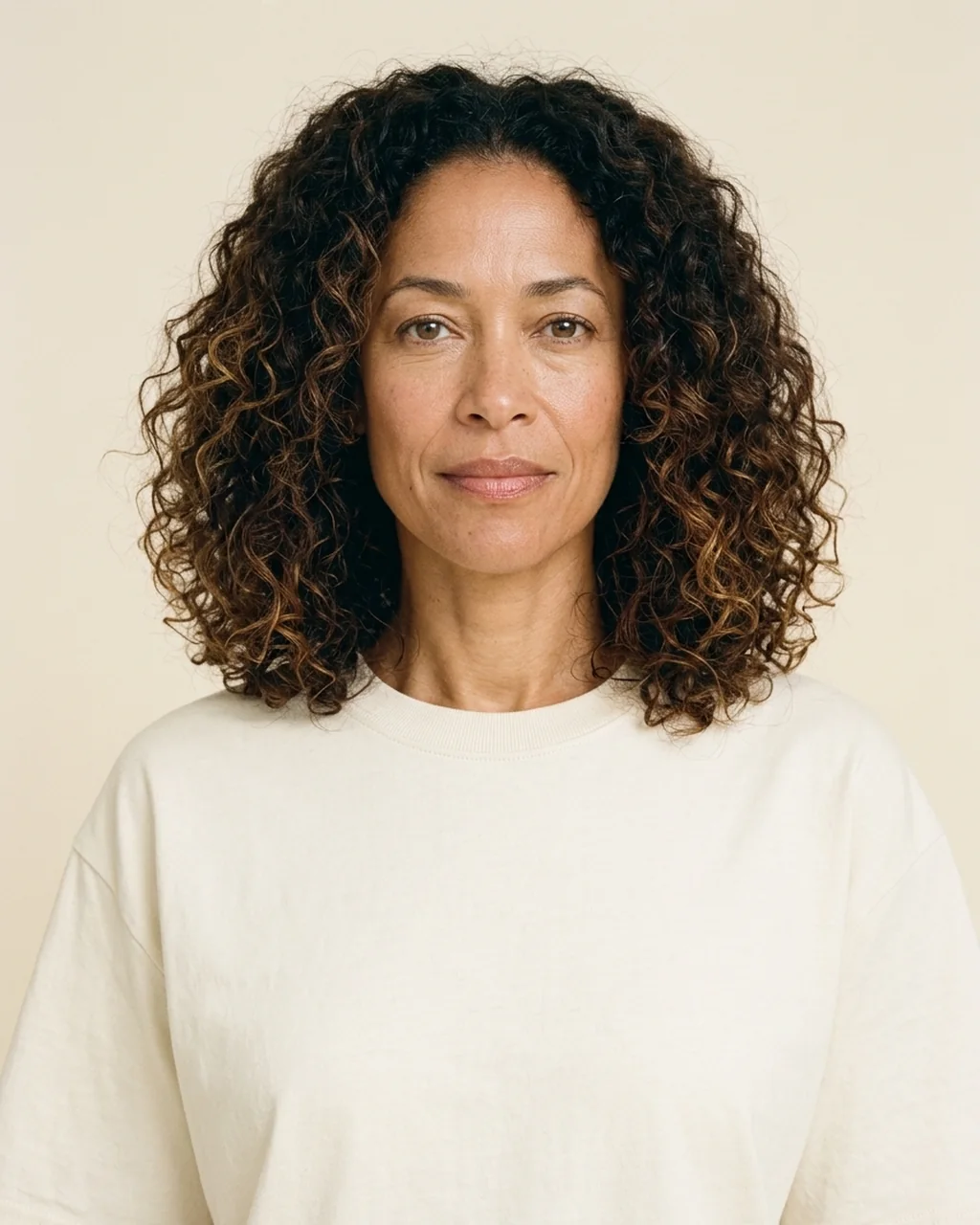 Portrait of Simone, a light-skinned mixed Black woman with loose waves, in an Ivory tee