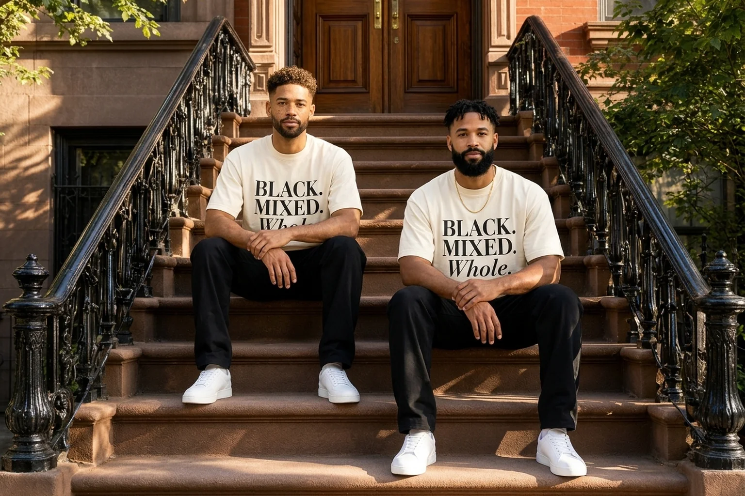 Two men in Ivory Whole tees sitting on a brownstone stoop in late-afternoon sun